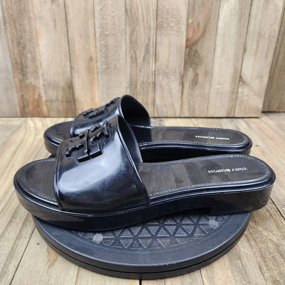 Tory Burch Eleanor Jelly Slide Sandals Womens size 8 Black Logo Platform